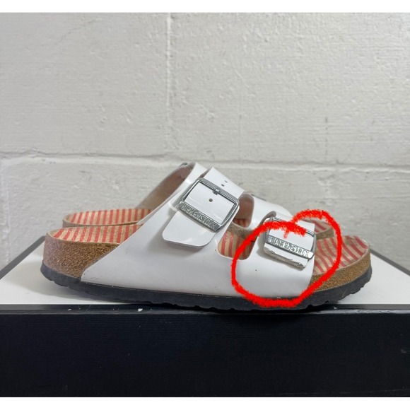 Birkenstock Arizona White Leather Striped Sandals Slip On Women's 38 EU/7 US - Picture 9 of 9